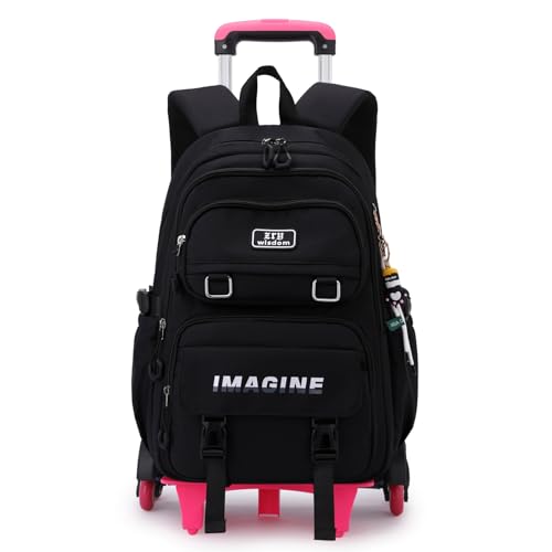 IvyH Trolley Schulrucksack für Mädchen Jungen - Wasserdichter Rucksack mit Rollen für für Kinder und Teenager im Alter von 7-14 Jahren, 30L, Abnehmbar, Schwarz