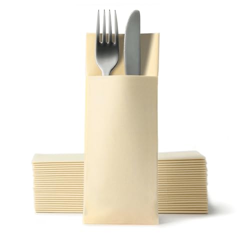 Gastroservietten.de Airlaid Besteckservietten, Bestecktaschen mit Serviette 32 cm x 40 cm, Bestecktasche Hochzeit, 50 Stück, Creme