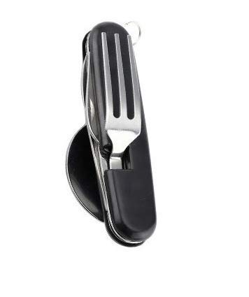 Okayji Stainless Steel Camp Tool with Knife, Fork, Spoon and Can Opener (Black)
