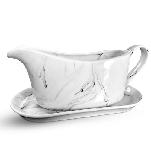 CASADELLA White Gravy Boat with Saucer | Elegant Ceramic 14 oz Gravy Bowl Set | Large Creamer Pitcher | Gravy Server | Gravy Dish w/Non-Stick Surface | Thanksgiving Gravy Boat | Marble Gravy Pitcher