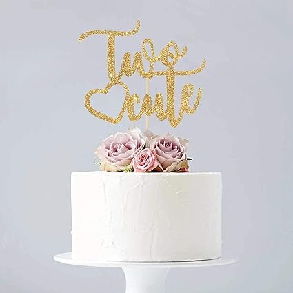 Image of Two Cute Cake Topper | 2nd Birthday Party Gold Glitter Cake-Decor | Second Birthday Photo Props | Party Decoration Supplies | Smash Cake Decoration | Heart Shape Two Cute Cake-Topper