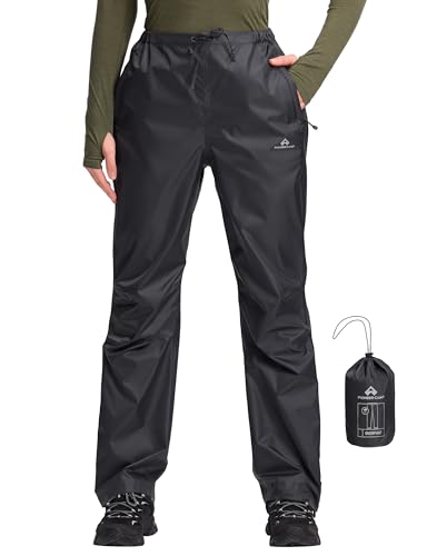 Pioneer Camp Womens Rain Pants Waterproof Hiking Pants Packable Lightweight Windproof Side Zipper Outdoor Rain Over Black M