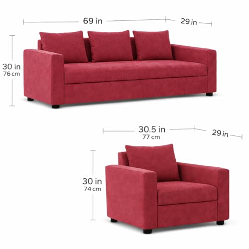 Image of Wood 3+1+1 Sofa Set 5 Seater | Velvet Fabric Upholstery | Wooden Frame Sofa Set with 3 Seater & 2 Single Chairs for Living Room, Home & Office (Mehroon)