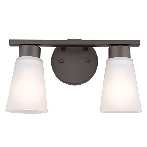 Image of Kichler Stamos 2-Light Bathroom Vanity Light with Satch Etched Glass Shades, 13 inch Modern Wall Light in Olde Bronze, (13 inch x 8 inch x 5 inch)