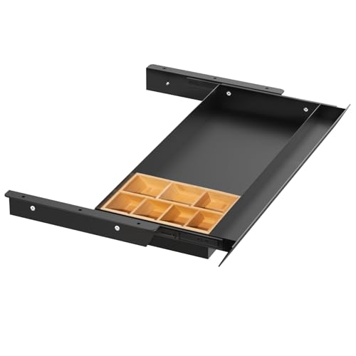 Image of Large Under Desk Mounted Sliding Drawer with Bamboo Tray and 60 Degree Tilt Panel to Pull Out, 26'' Long & 13'' deep Large Storage Organizer for Sit Stand Workstation