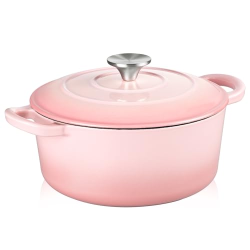 TeamFar Enameled Cast Iron Dutch Oven - 3QT Small Dutch Oven Pot with Lid - Heavy Duty Cast Iron Pot Cookware for Bread Baking Braising Stewing Roasting Pink