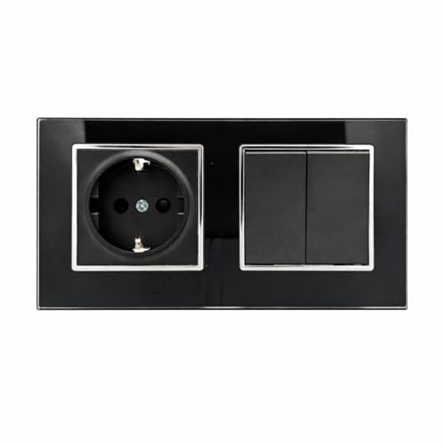 Jandei - Enchufe Schuko 2P+T 16A y Doble Interruptor Conmutador, 230V, Decoración Elegante Pared Interior, Fácil de Instalar, Incluye Marco y Mecanismo, Cristal Templado Color Negro