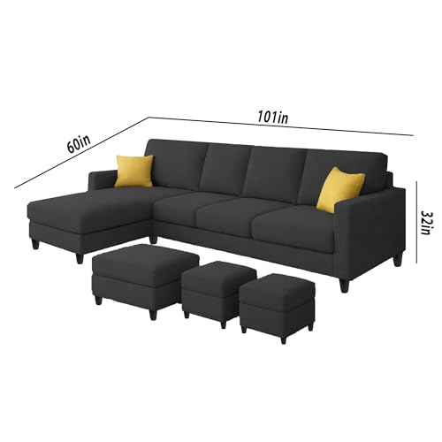 Image of Casaliving Rolando Seater L Shape Sofa Set for Living Room Left Side (Black, 6 Seater with Ottomon - LHS)