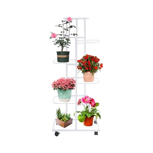 Shinpeed Étagère à plantes avec roulettes - 6 étages - En métal - 112 cm de haut - Pour terrasse, jardin, balcon - Blanc