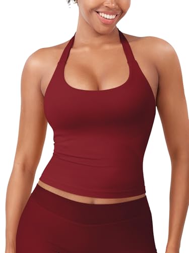 Image of YEOREO SoftHue Women's Impact Halter Tank Top Longline Backless Scoop Neck Built-in Bra Sports Workout Gym Crop Top