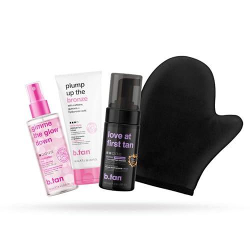 Image of b.tan Self Tan Travel Kit | Love At First Tan Gift Set - Includes Mini Violet Self Tanner, Gradual Tanning Lotion, Dark Bronzing Drops, & Applicator Mitt