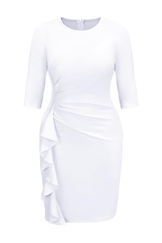 Runwind Plus Size Dress Church Dresses for Women 3/4 Sleeve Wear to Work Bodycon Ruffle Pencil Midi Dress2