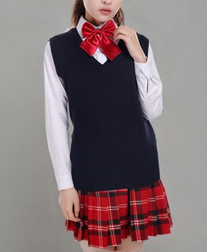 Image of Men Women Knitted Cotton V-Neck Vest JK Uniform Pullover Sleeveless Sweater School Cardigan