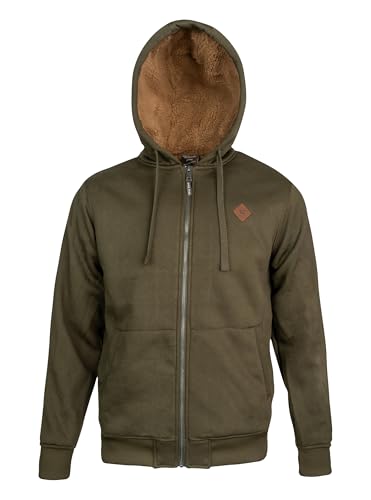 JACK PYKE Yakka Mens Fleece Hoodie – Warm Sherpa Fleece Lined Jacket with Full Zip, Drawstring Hood, Front Pockets, Ribbed Cuffs & Hem, Winter Hooded Jacket for Casual & Country Wear - Green XXXL
