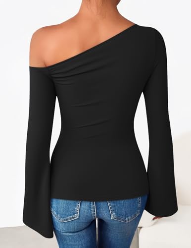ZESICA Women's Off Shoulder Tops Bell Long Sleeve Shirts 2025 Fall Trendy Going Out Ruched Tight Fitted Y2K Clothes3