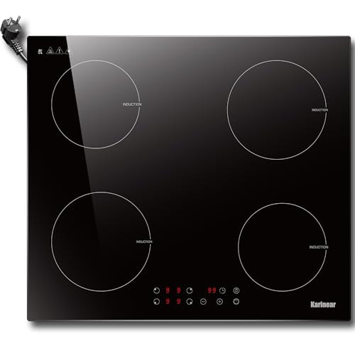 Karinear Induktionskochfeld 60 cm 4 Platten, Einbau Kochfeld Induktion mit Stecker, 3500W 9 Leistungsstufe, Timer, Kindersicherung, Automatische Abschaltung, 220-240V