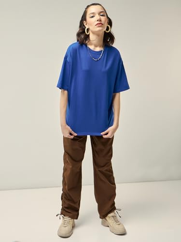 Image of Bewakoof Women's Solid Oversized Fit Half Sleeve Round Neck Cotton Jersey T-Shirt