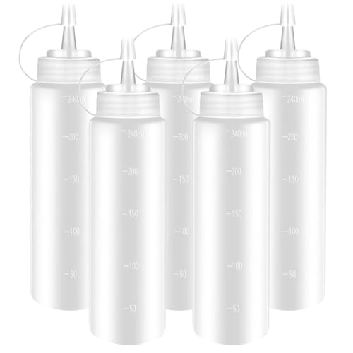 Zorplex Lot de 5 Bouteilles Presse 240 ml en Plastique Transparent avec Bouchon, Bouteille à Sauce, Flacons Réutilisables pour Sauces, Condiments, Ketchup,...