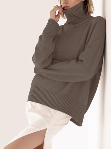 Image of YKR Women's Turtleneck Sweater Chunky Long Sleeve Knitted Pullover High Low Hem Trendy 2026 Fall Winter Basic Jumper Top
