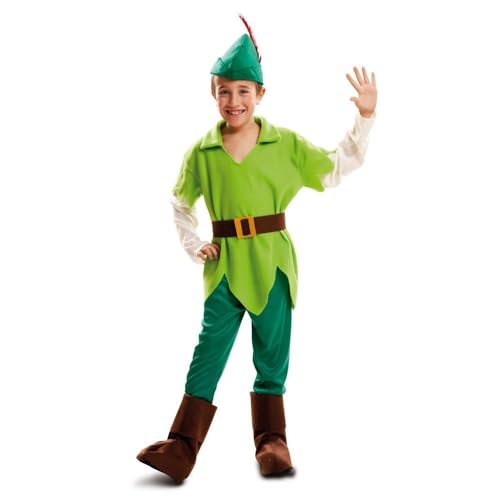 My Other Me - Disfarce infantil de Peter Pan com chapéu, camisa, cinto, calças e capas de botas em verde tamanho 7-9 anos. Aventuras mágicas esperam por si no país de nunca