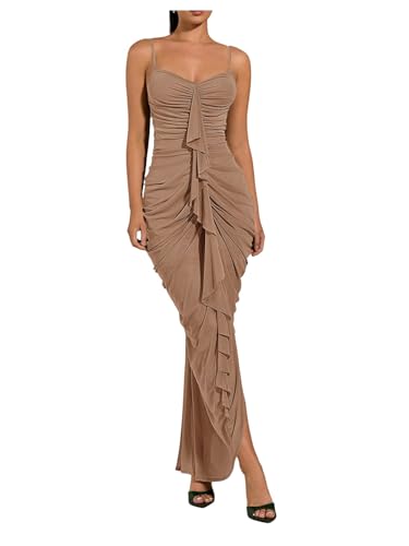 Image of Floerns Women's Ruffle Ruched Cami Dress Draped Split Elegant Bodycon Maxi Dresses