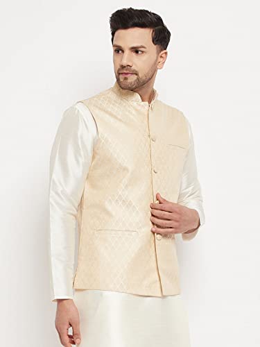 Image of Mother VM Mens Silk Blend Nehru Jacket - Timeless Style & Versatility | Banarasi Brocade Woven Jaquard Modi Jacket | Ethnic Sleeveless Coat for Formal & Casual Wear