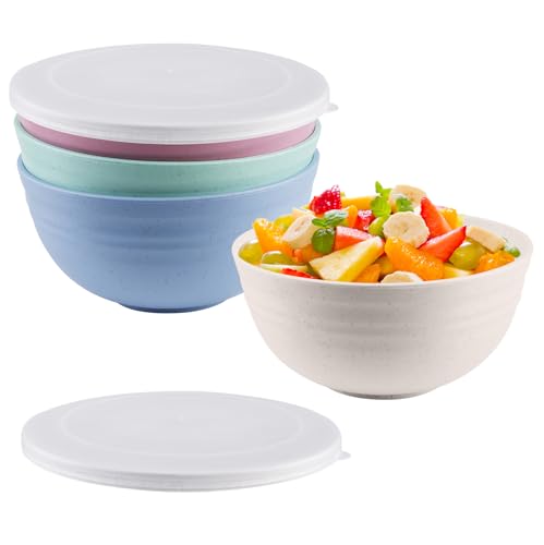 WEGREAT Bol avec couvercle : lot de 4 bols à céréales, en plastique, grand saladier, sans BPA, incassable, couvercle transparent, 15,7 x 7,3 cm, convient...