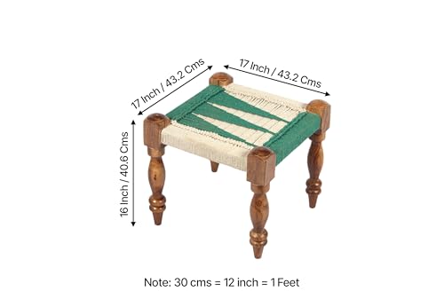 Ikiriya Hamilton Sheesham Wood 2 Seater Maachi Bench Set with 2 Stools for Dining Room Living Room and Home- Green & White Rope Canning (Teak Finish)