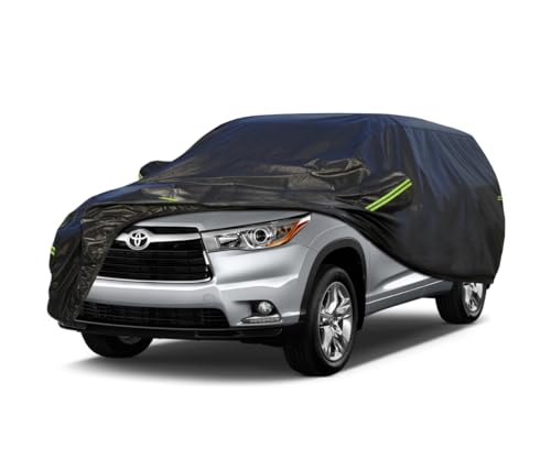 Image of KouKou Waterproof SUV Car Cover Suitable for Toyota Highlander from 2007 to 2025, 7 Layers Windproof All Weather Waterproof Outdoor Cover Sun Rain UV Dust Snow Protection. Black