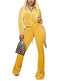 Chatinction Ladies Casual 2 Piece Outfits Velour Long Sleeve Full Zip Sweatshirt and Bell Bottom Pants Workout Set Yellow XL