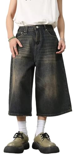 PADOLA Jorts Herren Y2K Baggy Jeans mit 5 Tachen Sommer Kurze Hosen Weites Bein 3/4 Hose Baumwolle Flared Jeans Bermuda Cargo Shorts Loose Fit Denim Freizeithose Knielang Jogginghose (0 Grau 3XL)