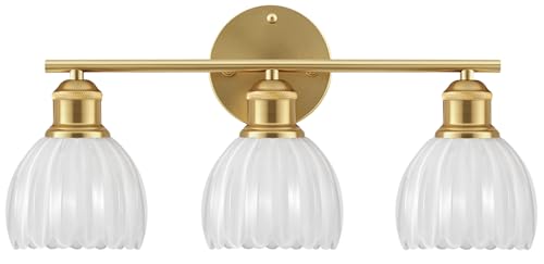 Image of Bathroom Light Fixtures, 3-Light Brushed Gold Vanity Lights for Bathroom with White Tulip Glass Shade, 20 inch Vintage Bathroom Vanity Lighting Fixtures Over Mirror for Bedroom Living Room Hallway