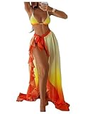 SHENHE Women's 3 Piece Swimsuits with Sarong Coverup Wrap Skirt Triangle Ombre Bikini Sets Yellow Large