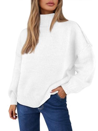 Saodimallsu Womens Mock Neck Sweater Tops Long Lantern Sleeve Fall Casual Loose Knit Basic Pullover Sweaters White