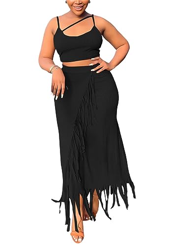 Women Two Piece Long Skirt Outfits High Waist Fringe Maxi Skirts Sexy Cami Crop Top
