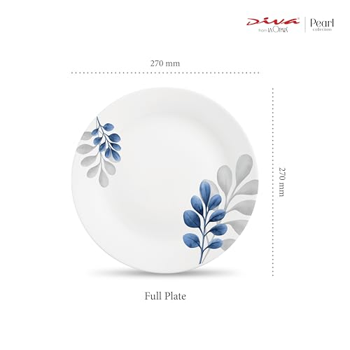 Image of La Opala Diva Pearl Collection Opal Glass Crockery | Full Plate Set of 6 | Indigo Bliss Design | for Dining & Gifting | Microwave Safe | 100% Vegetarian | Extra Strong | Super Light & White