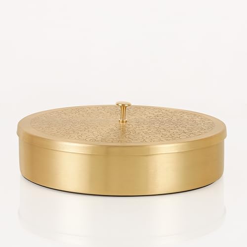 K GOLDEN BRASS (01) handcrafted Brass Spice Box Set For Kitchen With Spoon (7 Containers, 40 ML) - Masala Box For Kitchen - Species Container 7 inch Masala dabba - Masala petti 1set