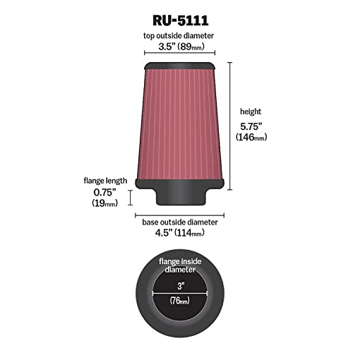 Image of K&N High-Flow Original Lifetime Universal Clamp-On Air Filter: High Performance, Premium, Washable: Flange Diameter: 3 In, Filter Height: 5.75 In, Flange Length: 0.75 In, Shape: Round Tapered, RU-5111