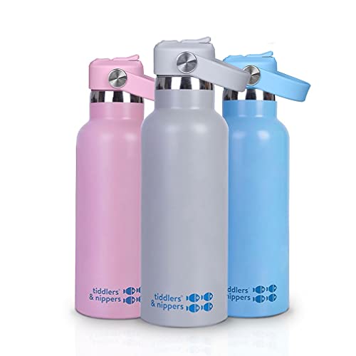 tiddlers & nippers Stainless Steel Vacuum Insulated Double Wall Kids Reusable Water Bottle with Leak Proof Straw 500ml