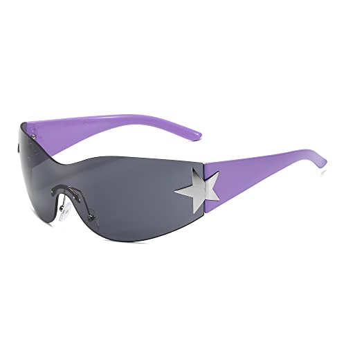 Image of Y2K Sunglasses for Women Men, 2000s Fashion Shield Wrap Around Y2K Glasses Rimless Oversized One Piece Lenses
