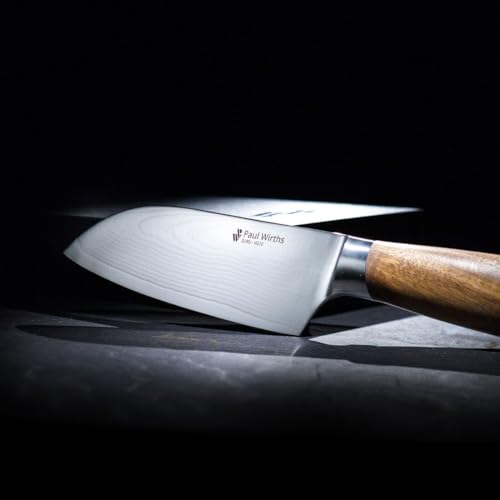 Foto von Paul Wirths SURU Gemüsemesser aus Damast- Stahl und Akazienholz Griff, mit 9 cm Klinge, extrem scharf & schnitthaltig, Spickmesser, Kochmesser, Gemüsemesser