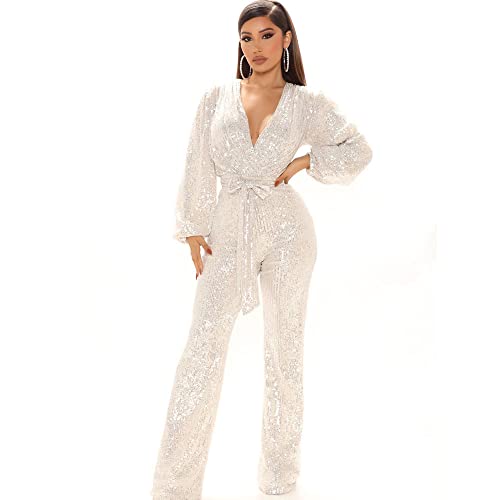 Long Sleeve Women Jumpsuit Deep V-neck Long Leg Pant Bling Shiny Sequin Party Romper (L,White)