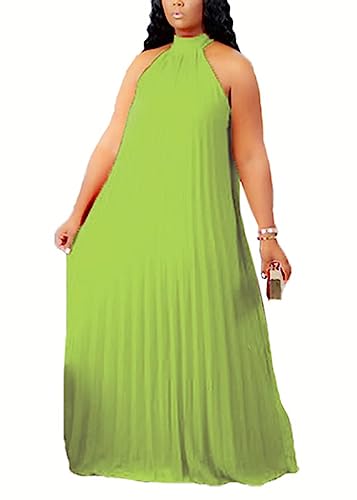 Image of Aro Lora Womens Casual Sleeveless Plus Size Chiffon Halter Neck Pleated Loose Long Maxi Dress