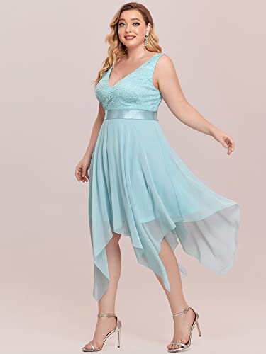 Image of Ever-Pretty Plus Women's V Neck Sleeveless Asymmetric Hem Lace Chiffon Short Summer Plus Size Wedding Guest Dresses Sky Blue US24