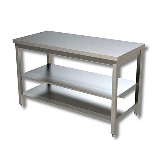 Tavolo inox con 2 ripiani di fondo, senza alzatina posteriore. Prof. 60-50x60x85H, SENZA ruote