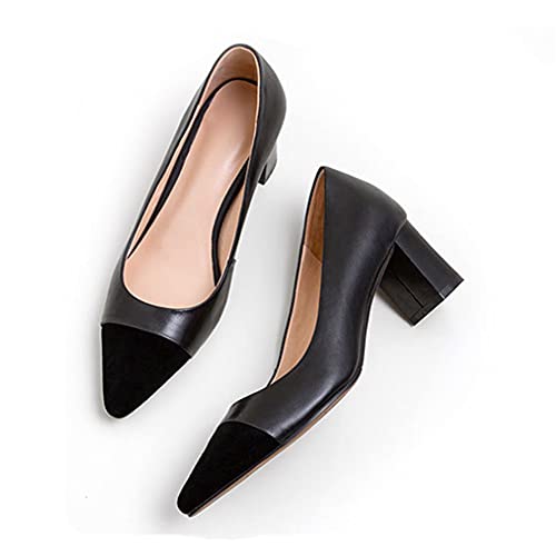 Lutalica W Women's Trendy Pointed Cap Toe Slip On Comfort Two-Toned Chunky High Heel Pumps for Office Evening Wedding4