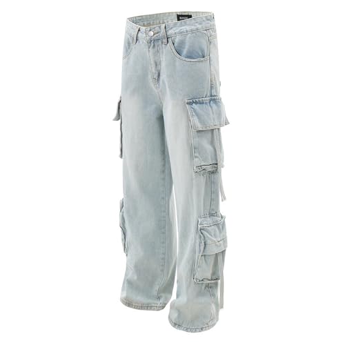 XYXIONGMAO Men's Blue Denim Heavy Washed Multi-Pocket Cargo Pants Functional Hip Hop Techwear Streetwear Slacks Jeans