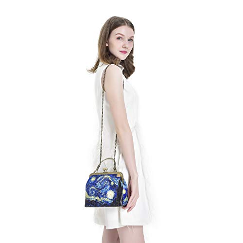 Rejolly Women Leather Vintage Handbag Kiss Lock Top Handle Evening Clutch Purse Shoulder Bag Van Gogh The Starry Night #TOP1