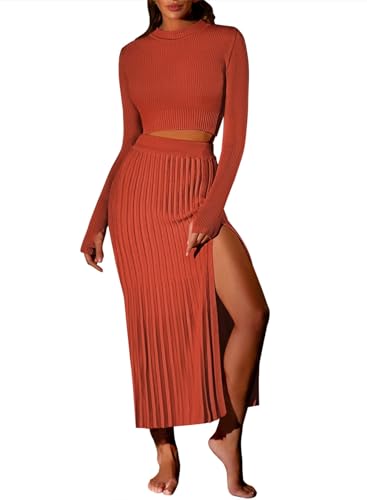 Pink Queen 2 Piece Sweater Sets for Women Crop Top High Waist Bodycon Pleated Midi Dresses Holiday Outfits Brown M