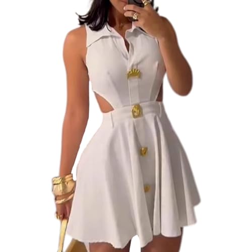 Chiccurve Ladies V-Neck Sleeveless Dress, Sexy Hollow Out Waist Button A-Line Dress for Women, Casual Outfit (White,Medium)